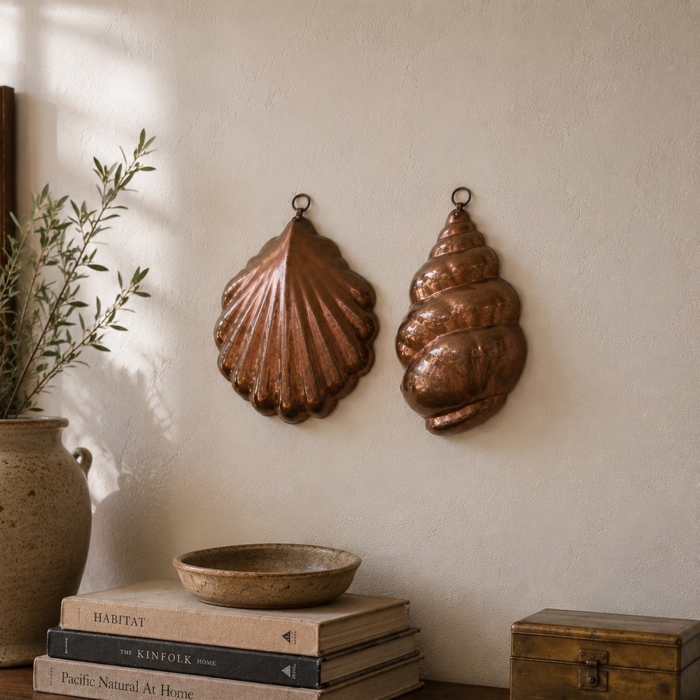 Vintage Copper Shell Wall Molds Set of 2 Coastal Wall Decor 1970s Patina